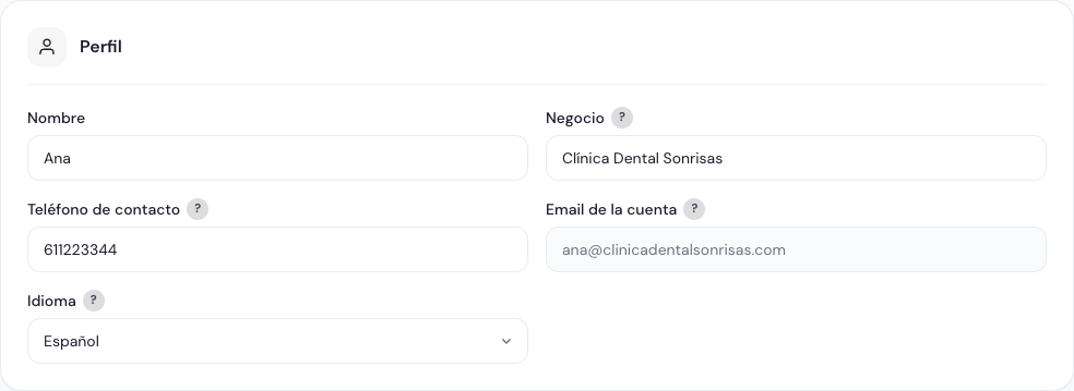 Sección de perfil en Ajustes