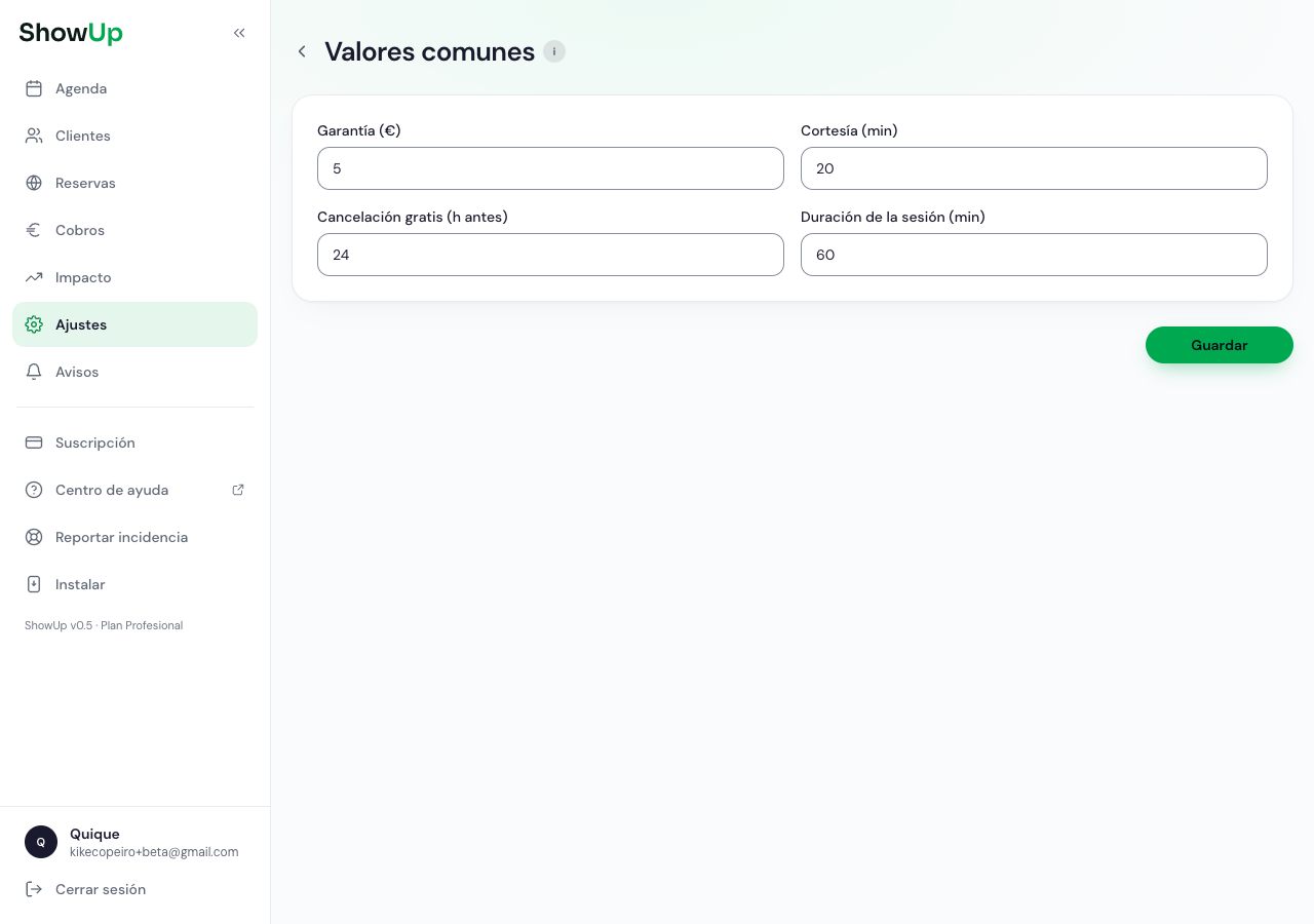 Pantalla de Valores comunes en Ajustes