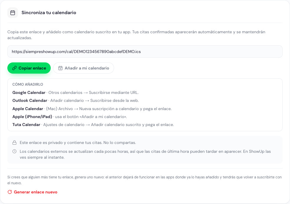Ventana de sincronización con el enlace copiado y las instrucciones por aplicación