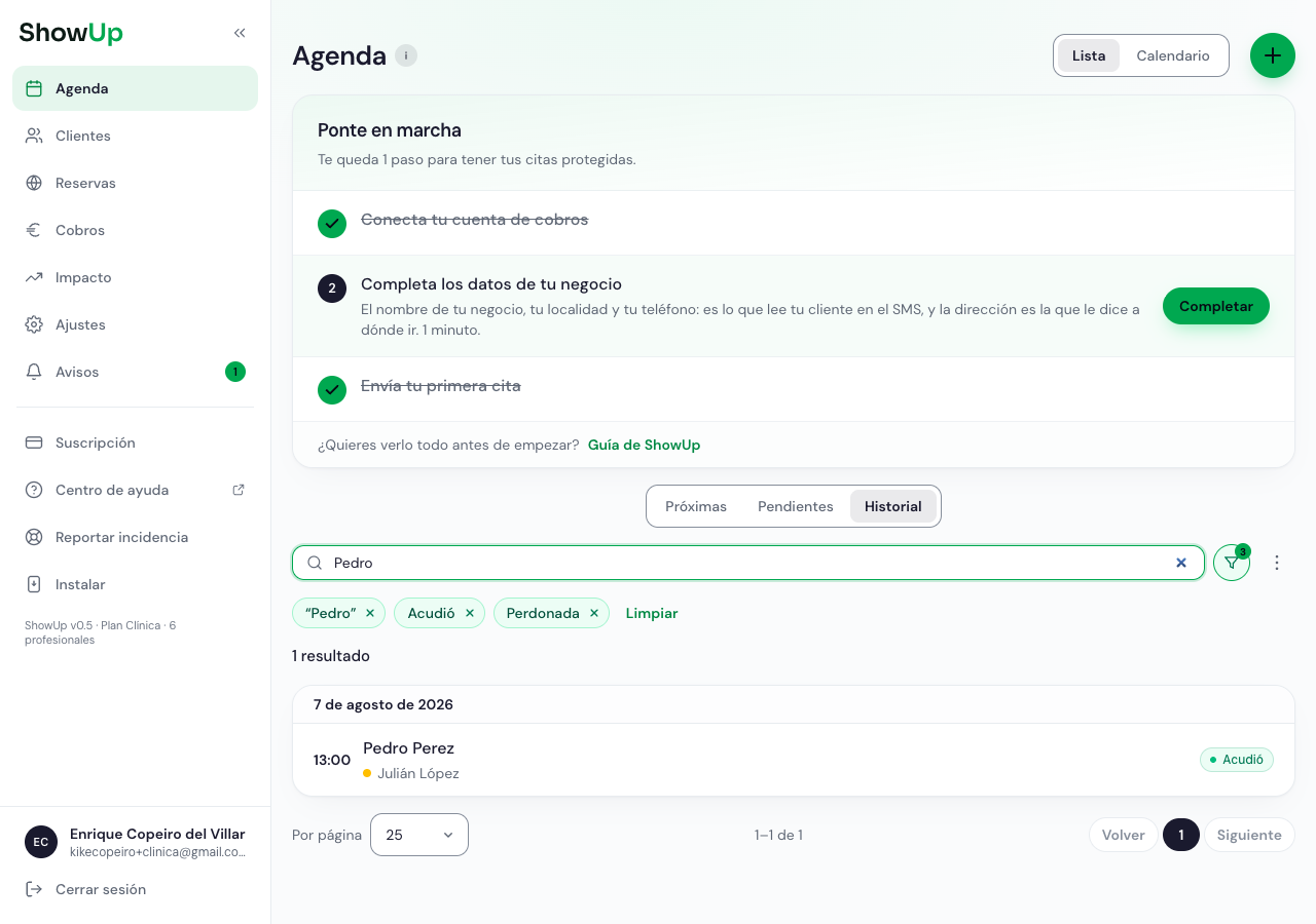 Lista de citas con el buscador y las pastillas de filtro activas