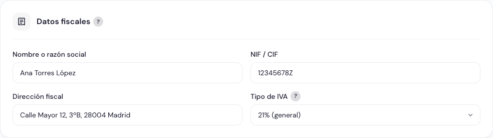 Sección de datos fiscales en Ajustes