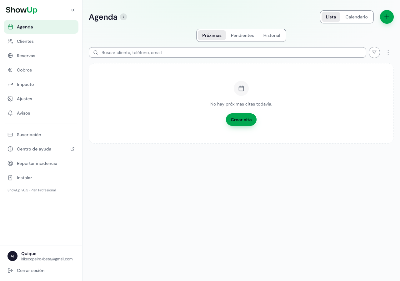 Menú lateral de ShowUp con todas las secciones