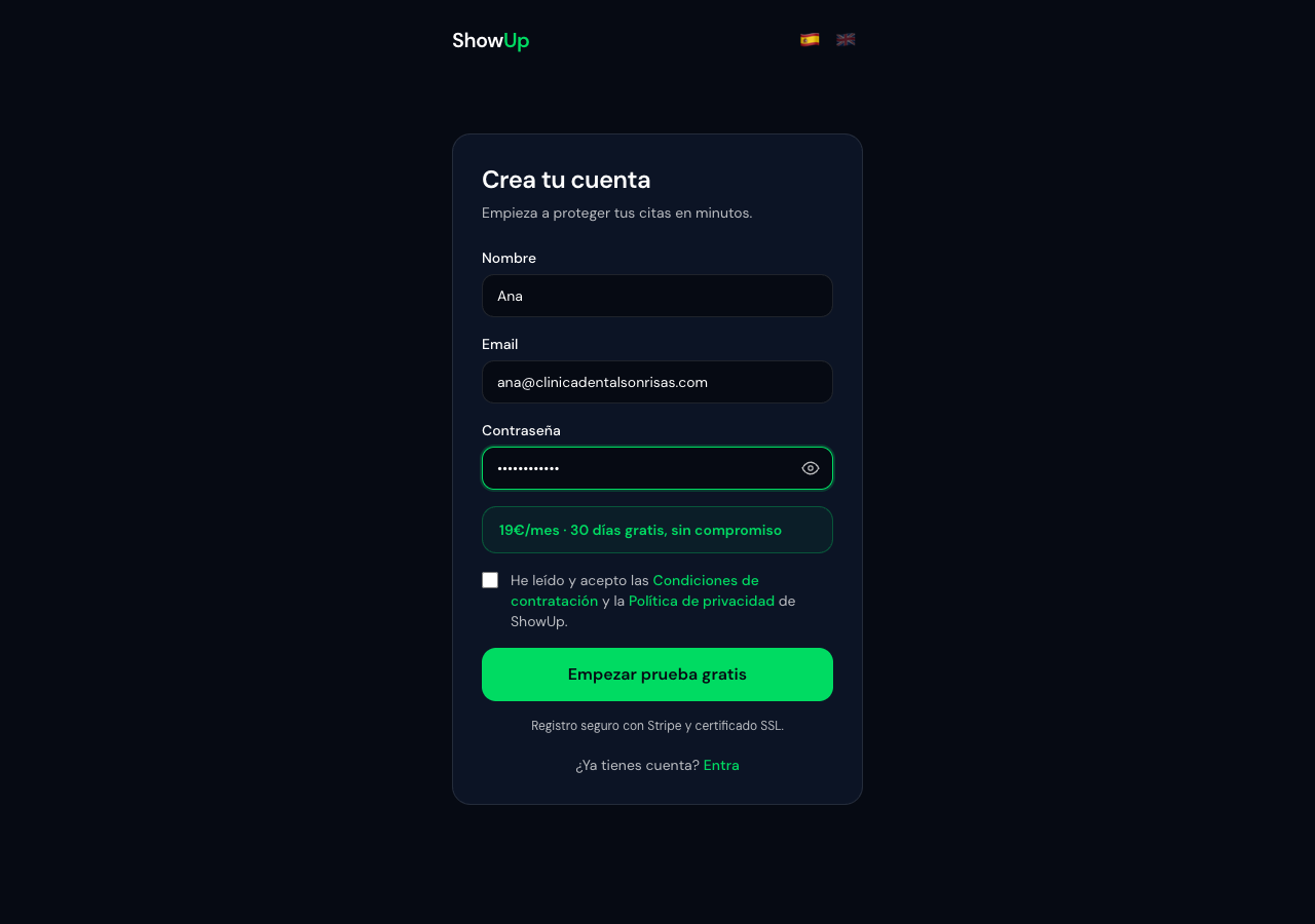 Pantalla de registro de ShowUp