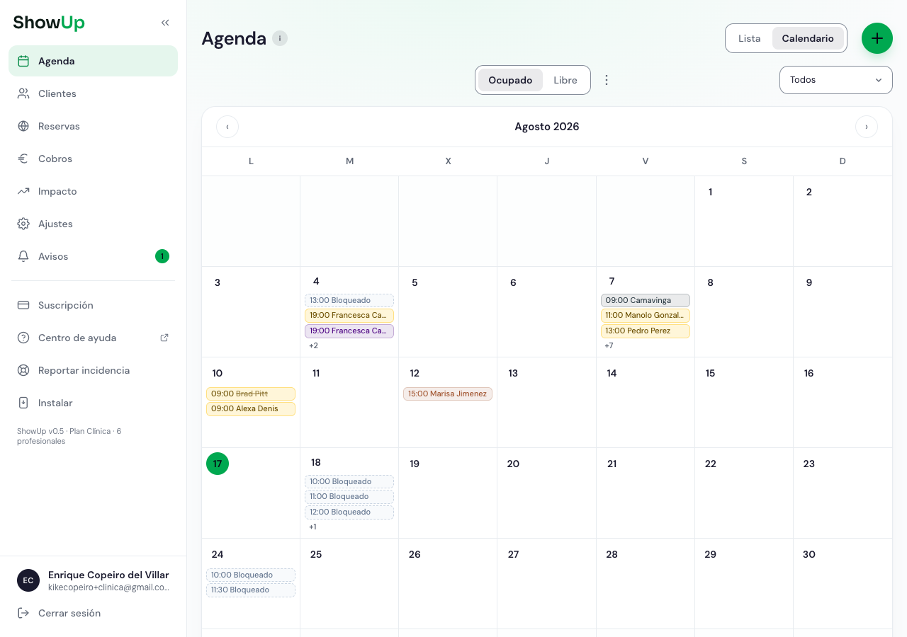 Calendario con el selector de profesional