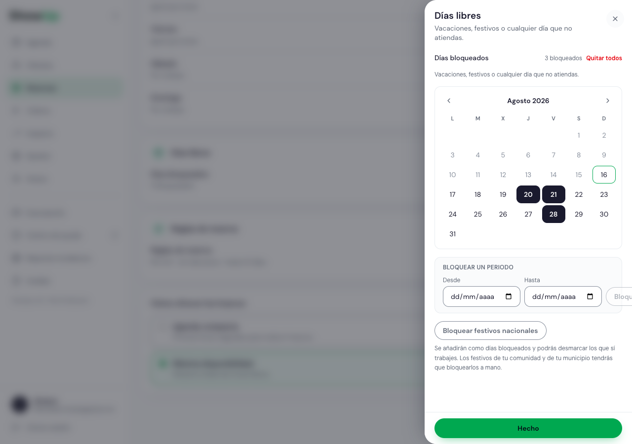 Bloque de días libres con el mini-calendario