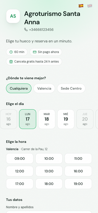 Página pública con el selector de día y las horas